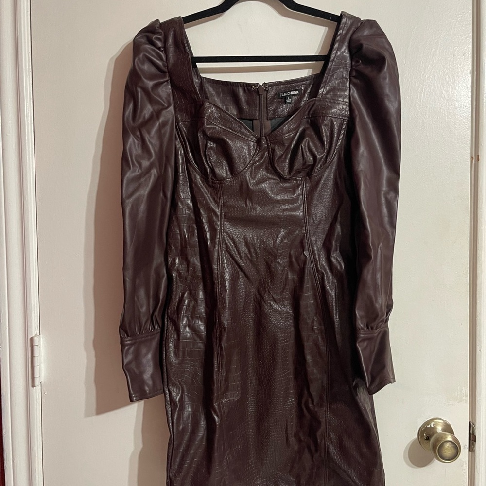 Fashion Nova Brown Sheath Dress with Bishop Sleeves